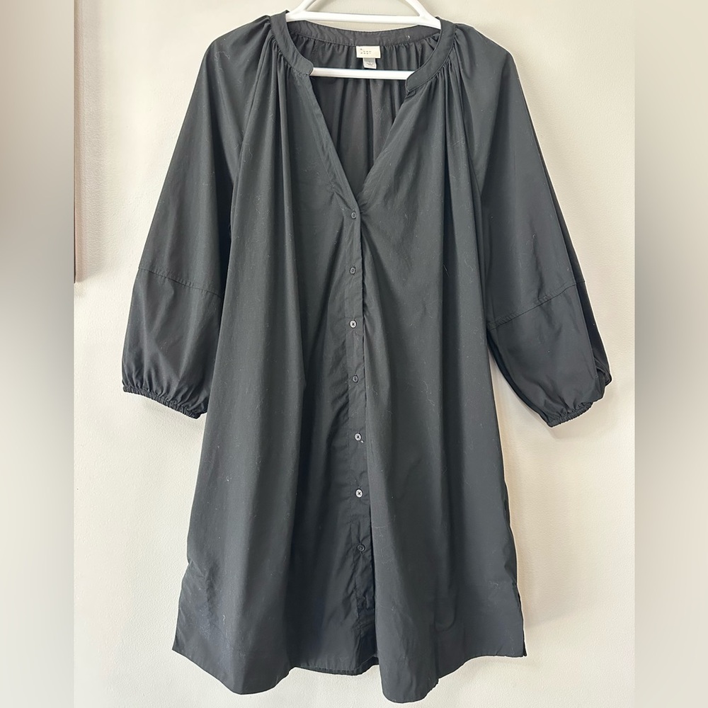 A New Day Black Button-Front Mini Shirt Dress Puff Sleeve Pockets Size Large